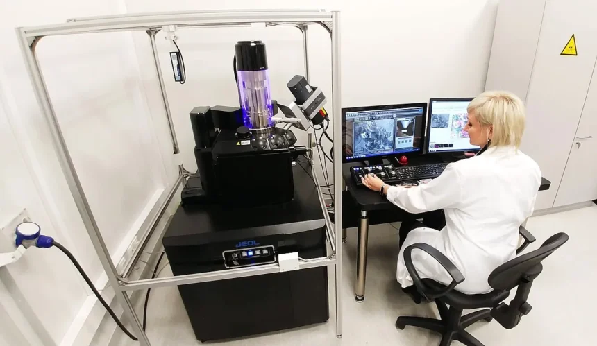 Scientist working with a scanning electron microscope in a lab