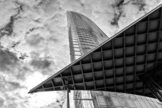 Corporate office towers in a busy financial district