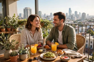 Couple enjoying a staycation breakfast on a sunny hotel balcony