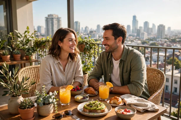 Couple enjoying a staycation breakfast on a sunny hotel balcony