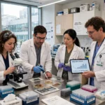 Researchers working on a personalised cancer vaccine in a laboratory