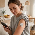 Person wearing a continuous glucose monitor on the arm and checking readings on a phone