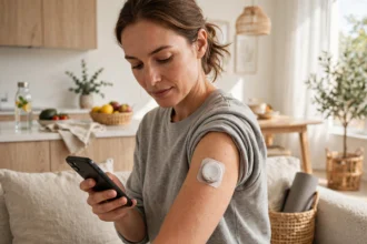 Person wearing a continuous glucose monitor on the arm and checking readings on a phone