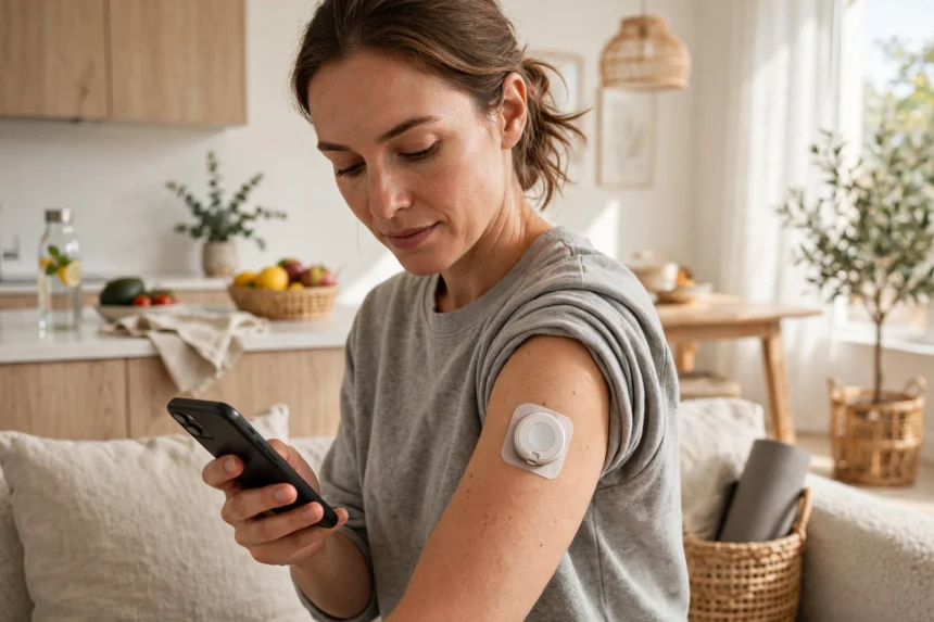 Person wearing a continuous glucose monitor on the arm and checking readings on a phone