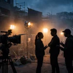 Film set at dusk with a camera and cast preparing to shoot a thriller scene