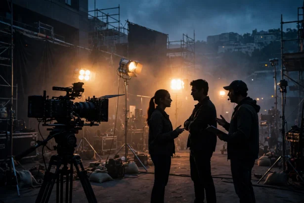 Film set at dusk with a camera and cast preparing to shoot a thriller scene